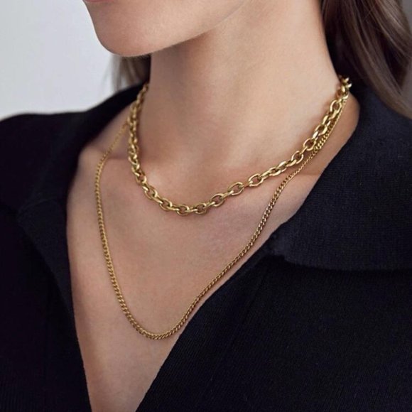 14k Gold Layered Chain Minimalist Necklace - Picture 2 of 5